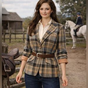 VTG 70s Beige Taupe Black Wool Plaid Blazer Jacket, Dark Academia, Size S